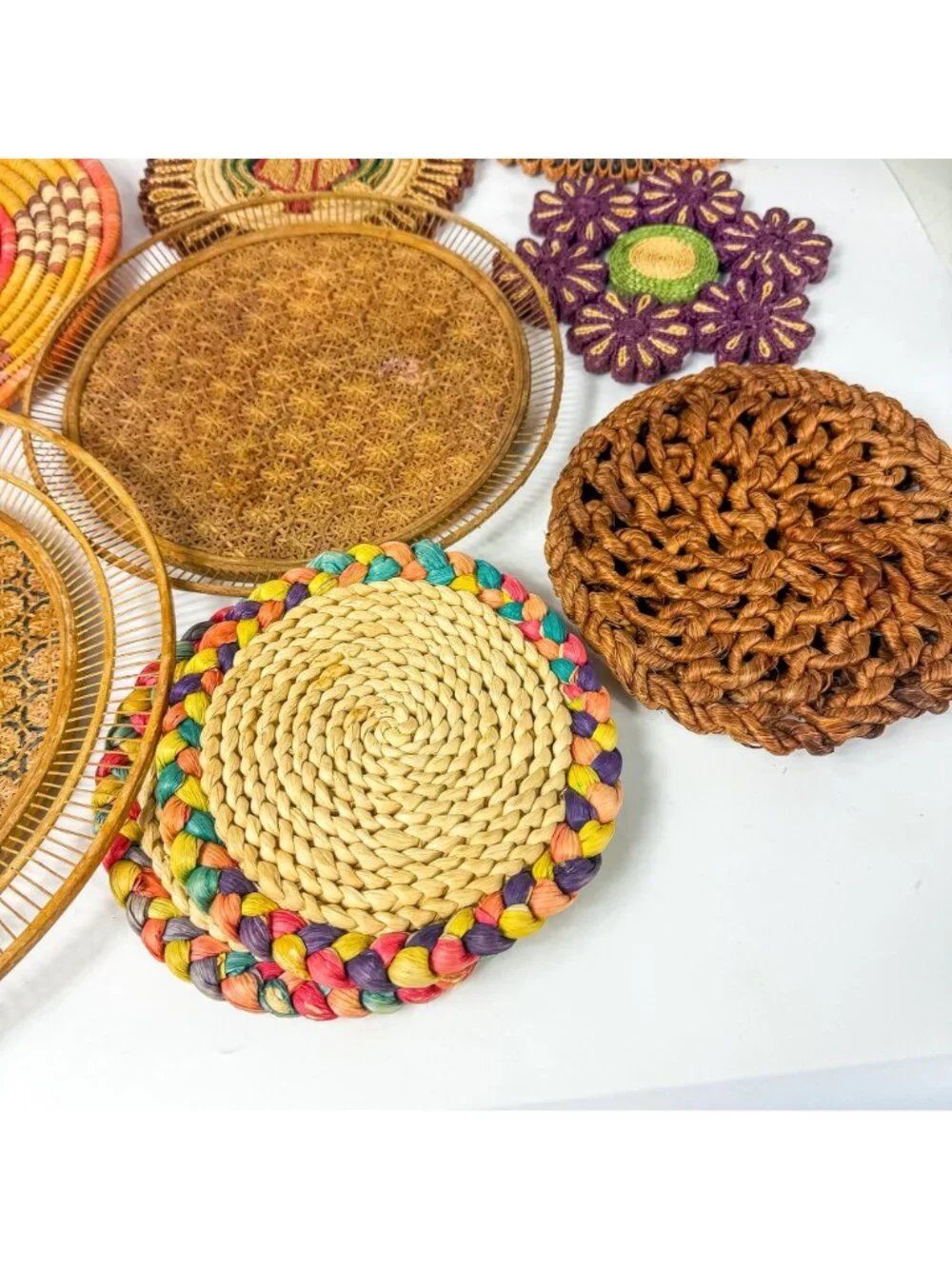 Vintage Woven Rattan Cisal Straw Boho Placemats And Decorative Trivets Set Of 10